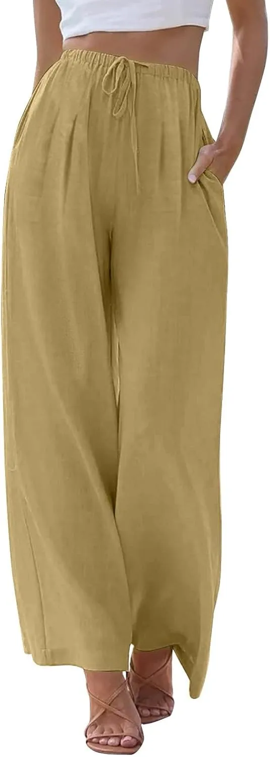 Sweatpants Women Trousers with Pockets Cotton Linen High Waisted Cargo, Travel Pants Wide Leg Summer Petite