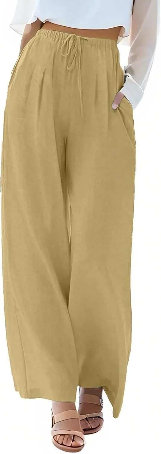 Sweatpants Women Trousers with Pockets Cotton Linen High Waisted Cargo, Travel Pants Wide Leg Summer Petite