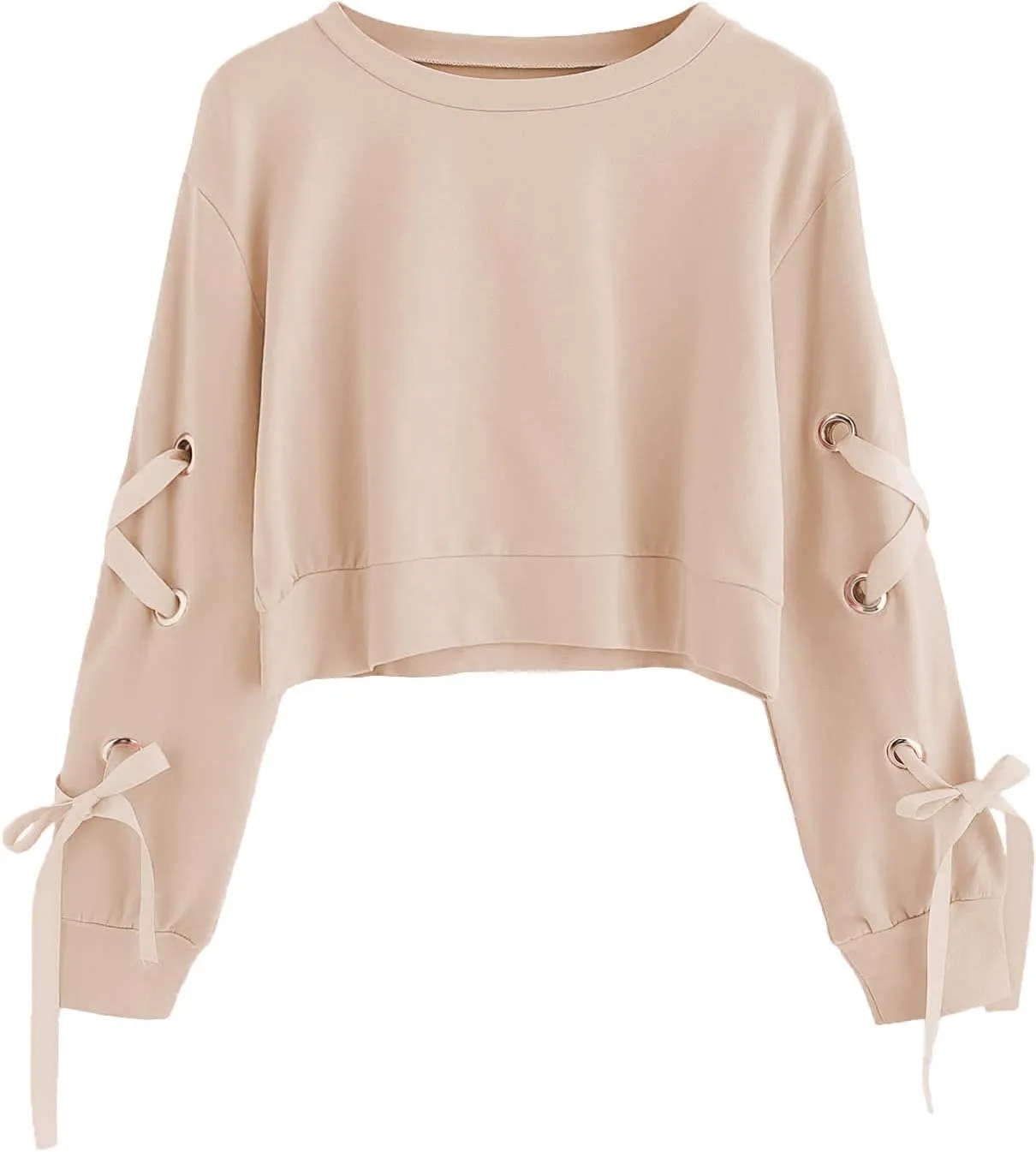 SweatyRocks Women's Casual Lace Up Long Sleeve Pullover Crop Top Sweatshirt