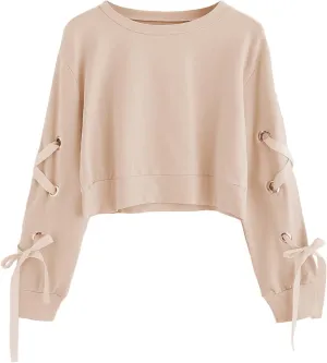 SweatyRocks Women's Casual Lace Up Long Sleeve Pullover Crop Top Sweatshirt