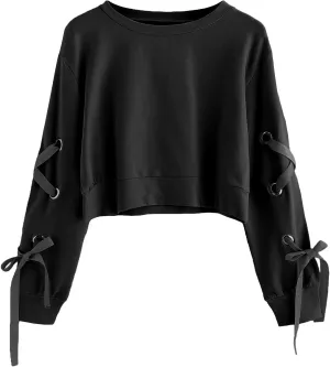 SweatyRocks Women's Casual Lace Up Long Sleeve Pullover Crop Top Sweatshirt