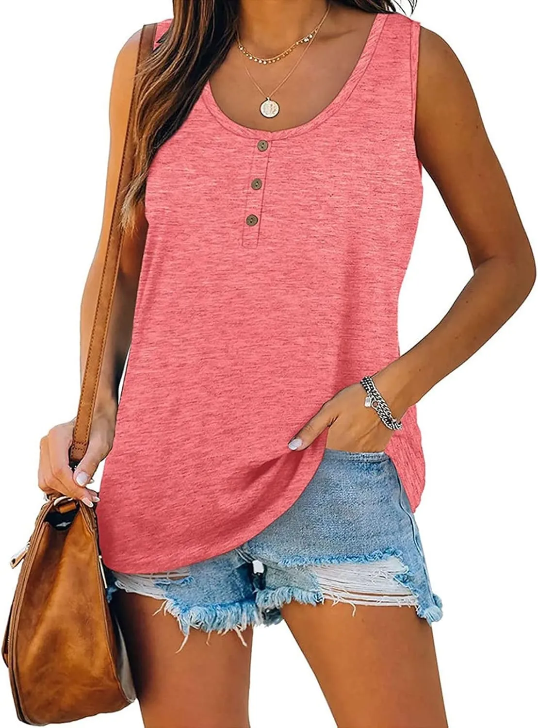 Tank Top For Women Summer Casual Solid Sleeveless Basic Cami Shirts Plus Size Henley Button Down Tunics Tshirts