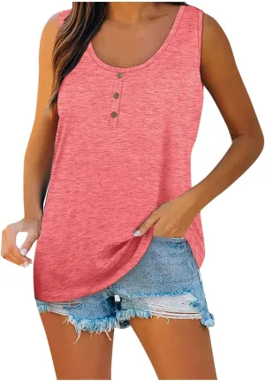 Tank Top For Women Summer Casual Solid Sleeveless Basic Cami Shirts Plus Size Henley Button Down Tunics Tshirts