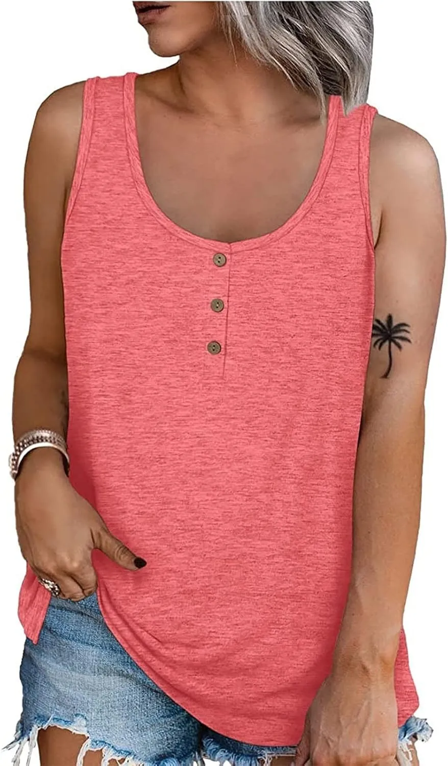 Tank Top For Women Summer Casual Solid Sleeveless Basic Cami Shirts Plus Size Henley Button Down Tunics Tshirts