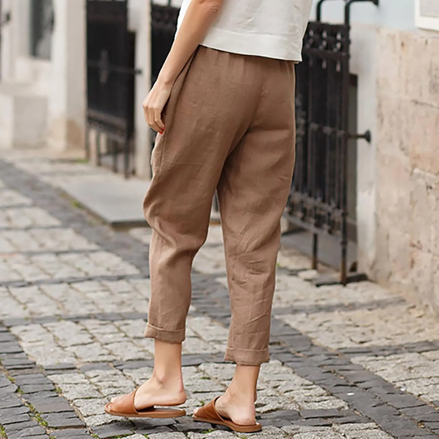 TARIENDY Womens Casual Pants Straight Leg Elastic Waist Summer Pant Plus Size Comfy Trousers Beach Outfits with Pockets
