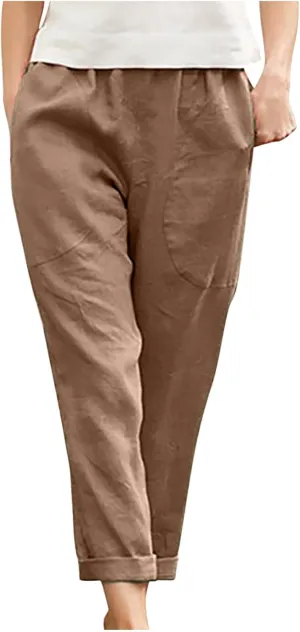 TARIENDY Womens Casual Pants Straight Leg Elastic Waist Summer Pant Plus Size Comfy Trousers Beach Outfits with Pockets