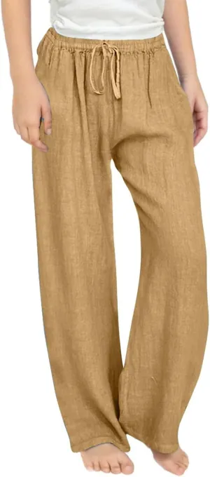 Teen Girls Casual Cotton Linen Pants Lightweight Summer Wide Leg Pant Loose Elastic Waist Plus Size Lounge Long Trousers