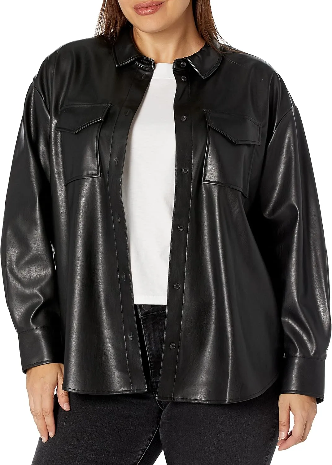 The Drop Women's @Lisadnyc Faux Leather Long Shirt Jacket