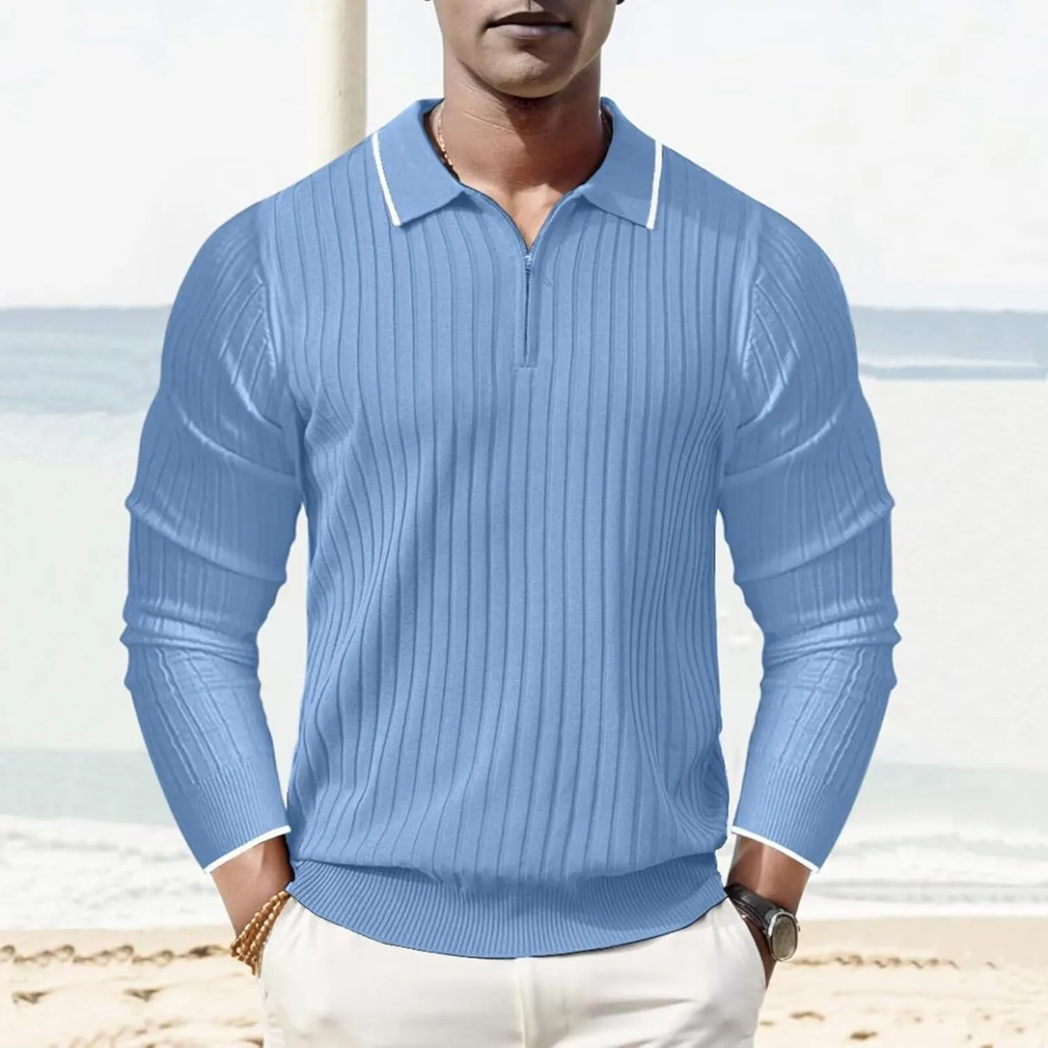 ThusFar Men's Zipper Polo Shirt Casual Knit Long Sleeve Ribbed Polo T Shirt Classic Fit Golf Shirts Activewear Polos