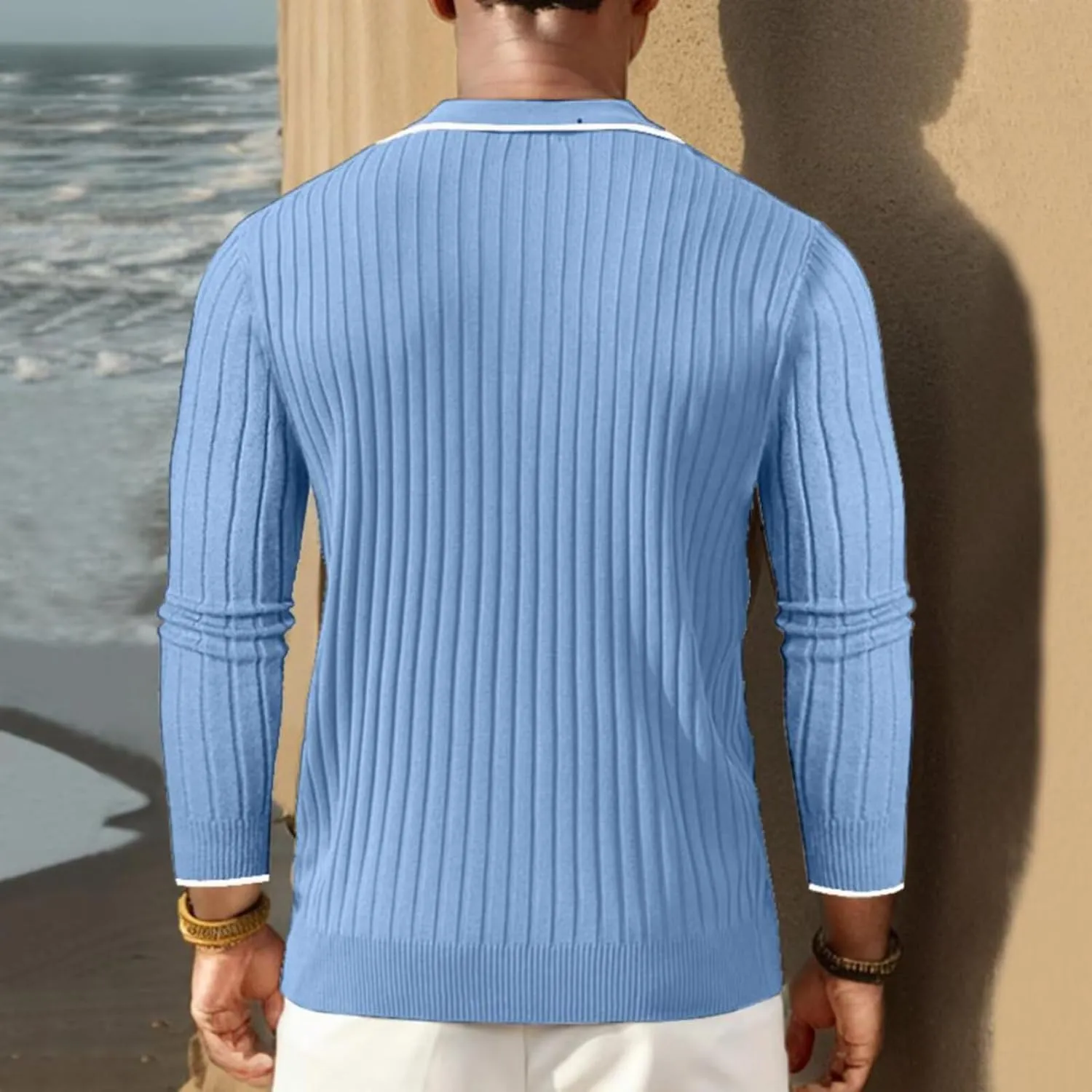 ThusFar Men's Zipper Polo Shirt Casual Knit Long Sleeve Ribbed Polo T Shirt Classic Fit Golf Shirts Activewear Polos