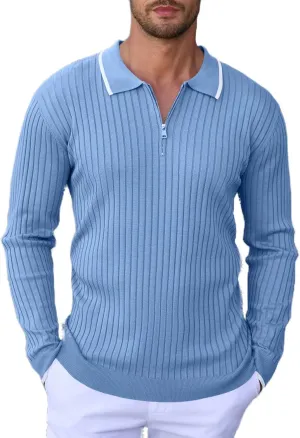 ThusFar Men's Zipper Polo Shirt Casual Knit Long Sleeve Ribbed Polo T Shirt Classic Fit Golf Shirts Activewear Polos