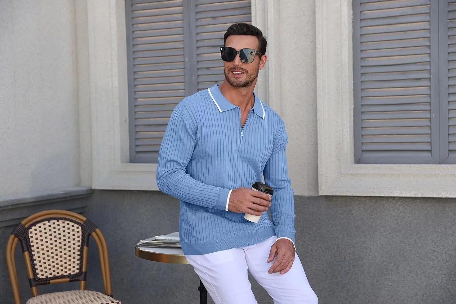 ThusFar Men's Zipper Polo Shirt Casual Knit Long Sleeve Ribbed Polo T Shirt Classic Fit Golf Shirts Activewear Polos