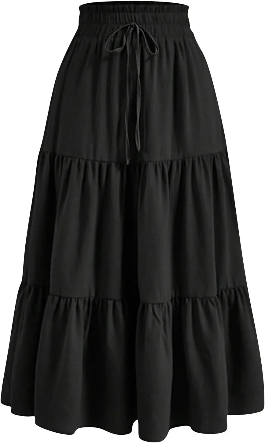 Tiered Maxi Skirts for Women Comfy Elastic High Waisted Ruffle Hem Flowy Swing Summer Cover Ups Long Skorts