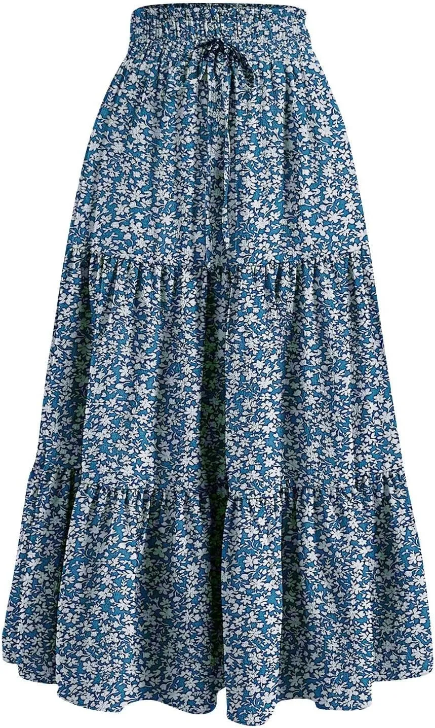 Tiered Maxi Skirts for Women Comfy Elastic High Waisted Ruffle Hem Flowy Swing Summer Cover Ups Long Skorts
