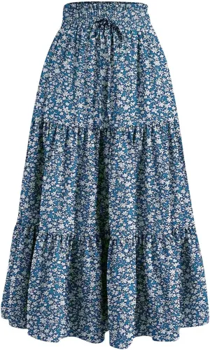 Tiered Maxi Skirts for Women Comfy Elastic High Waisted Ruffle Hem Flowy Swing Summer Cover Ups Long Skorts