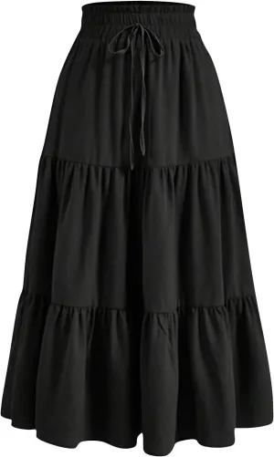 Tiered Maxi Skirts for Women Comfy Elastic High Waisted Ruffle Hem Flowy Swing Summer Cover Ups Long Skorts