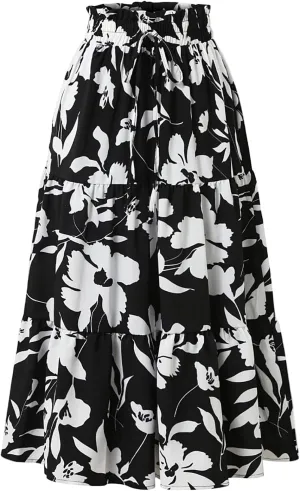Tiered Maxi Skirts for Women Comfy Ruffle Hem Flowy Swing Elastic High Waisted Summer Cover Ups Long Skorts