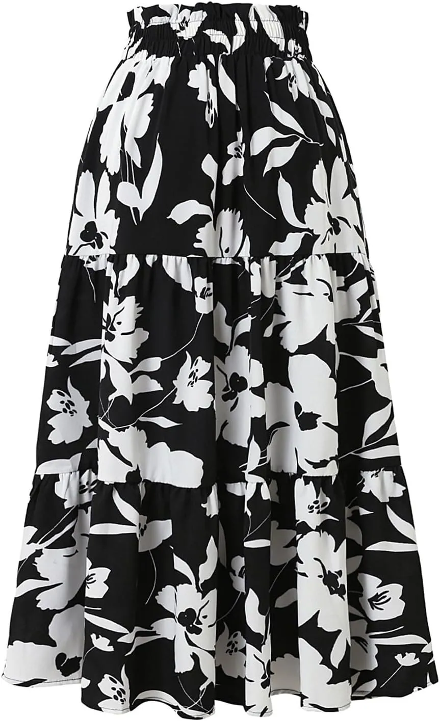 Tiered Maxi Skirts for Women Comfy Ruffle Hem Flowy Swing Elastic High Waisted Summer Cover Ups Long Skorts