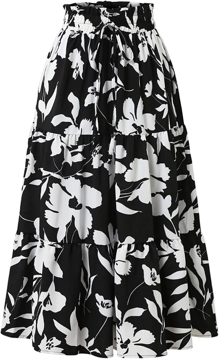 Tiered Maxi Skirts for Women Comfy Ruffle Hem Flowy Swing Elastic High Waisted Summer Cover Ups Long Skorts