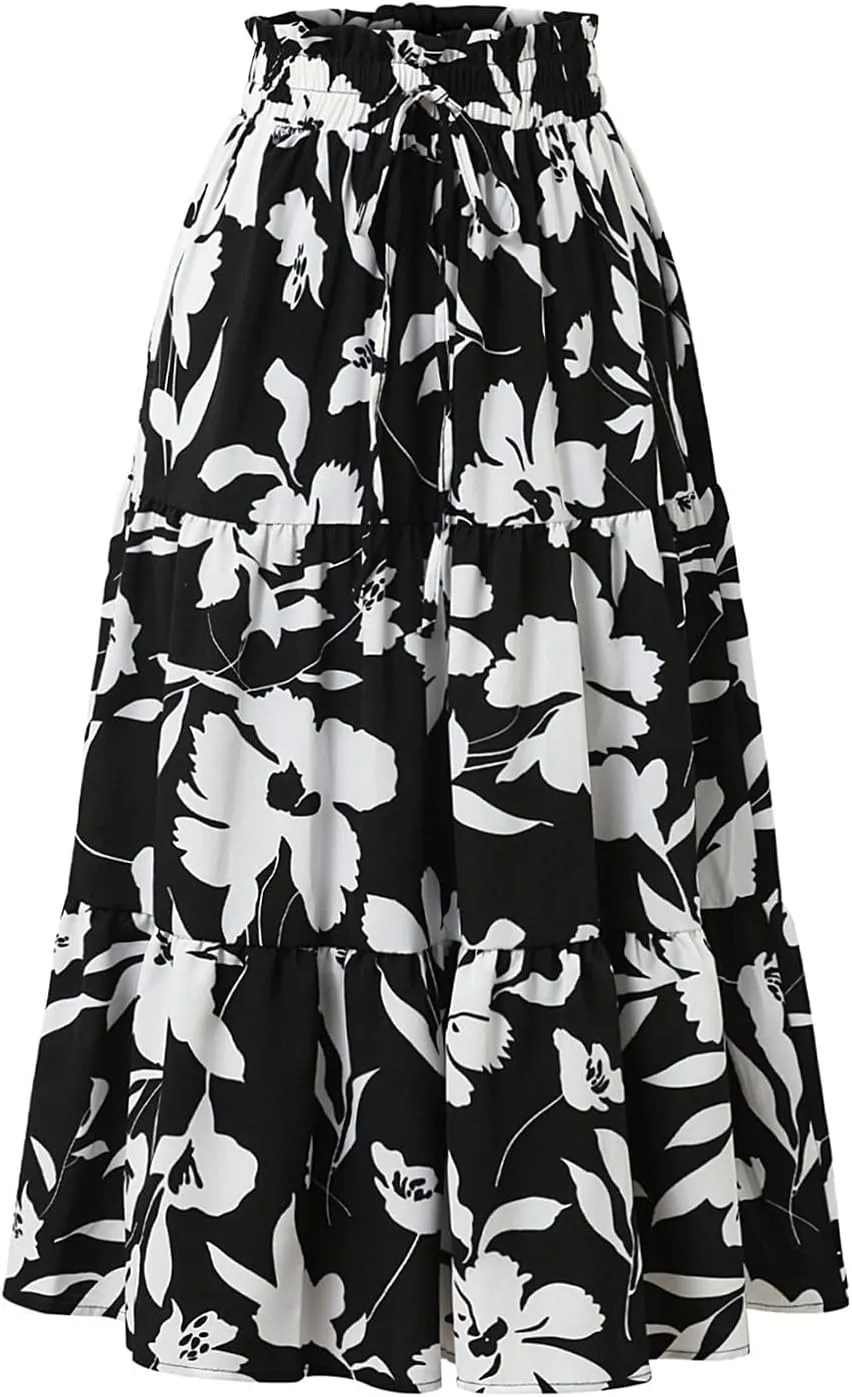 Tiered Maxi Skirts for Women Comfy Ruffle Hem Flowy Swing Elastic High Waisted Summer Cover Ups Long Skorts