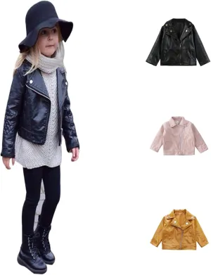 Toddler Boy Girl Motorcycle Faux Leather Jackets Lapel Crop Long Sleeve Button Fall Winter Outerwear Coat