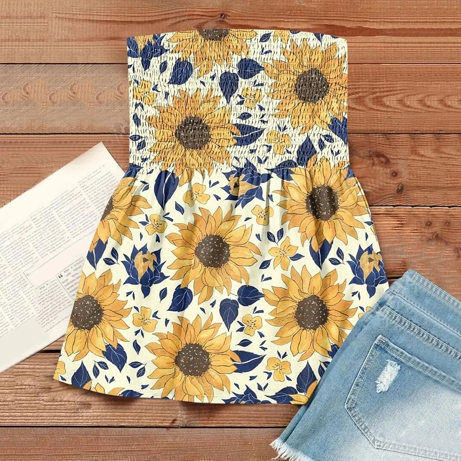 Tube Tops for Women Smocked Ruffled Floral Print Tanks Sleeveless Strapless Tube Tops Business Casual Bandeau