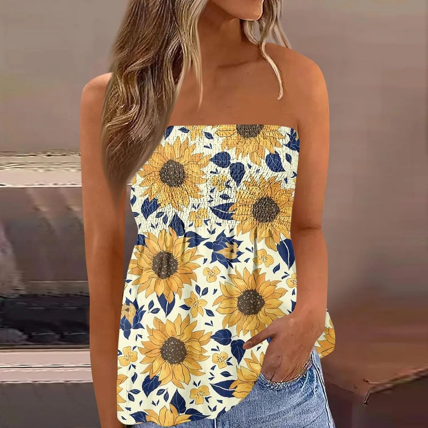 Tube Tops for Women Smocked Ruffled Floral Print Tanks Sleeveless Strapless Tube Tops Business Casual Bandeau