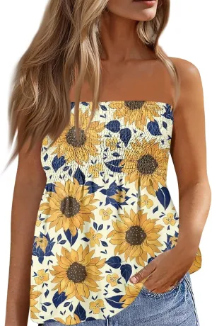 Tube Tops for Women Smocked Ruffled Floral Print Tanks Sleeveless Strapless Tube Tops Business Casual Bandeau
