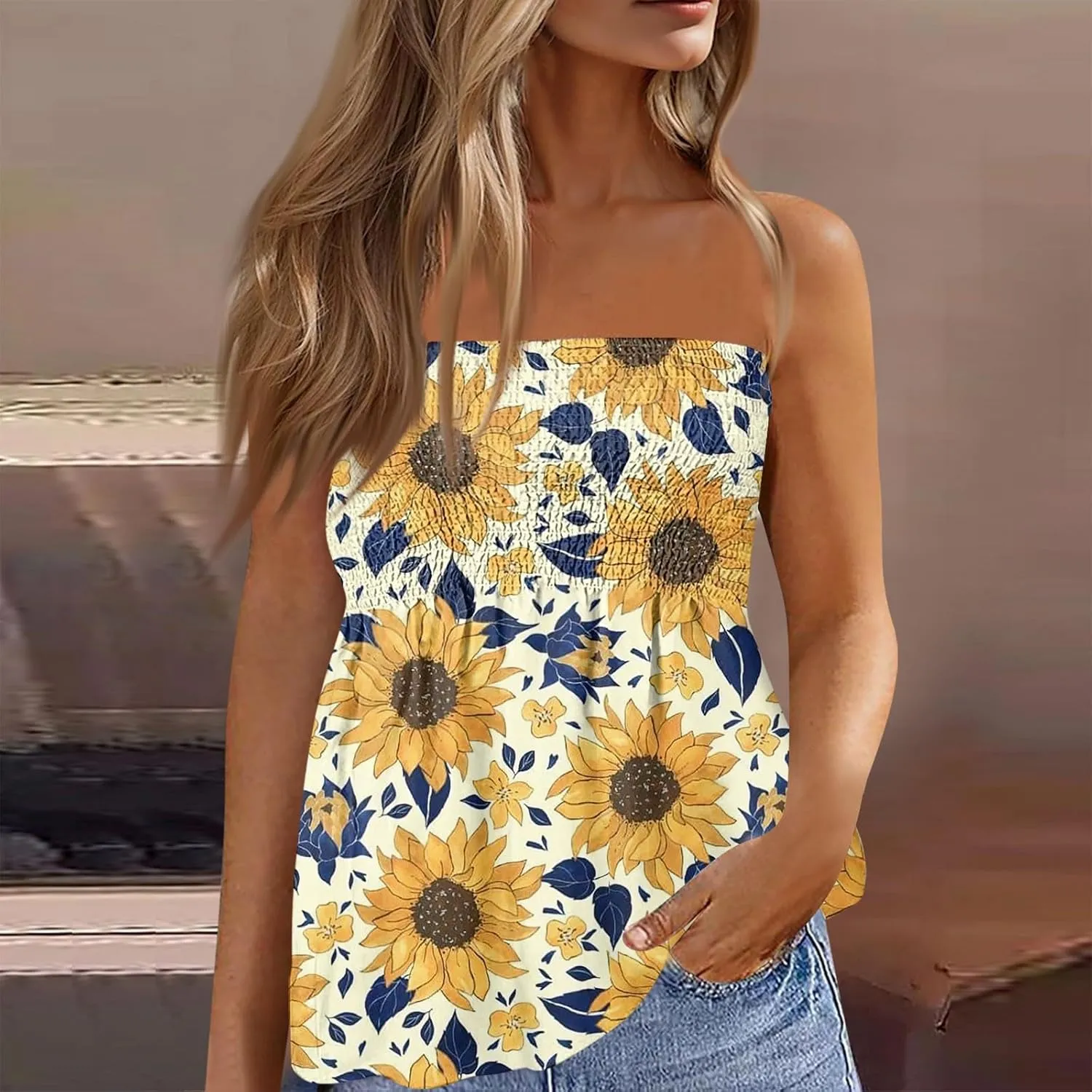 Tube Tops for Women Smocked Ruffled Floral Print Tanks Sleeveless Strapless Tube Tops Business Casual Bandeau