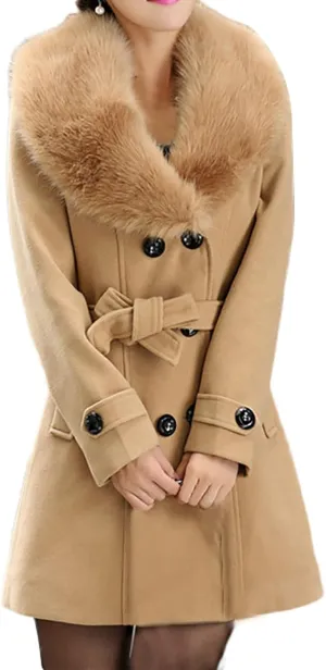 tuduoms Womens Double Breasted Trench Coat Classic Belted Long Pea Coat Elegant Notched Collar Wool Overcoat with Fur Collar