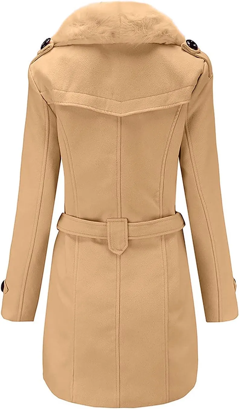tuduoms Womens Double Breasted Trench Coat Classic Belted Long Pea Coat Elegant Notched Collar Wool Overcoat with Fur Collar