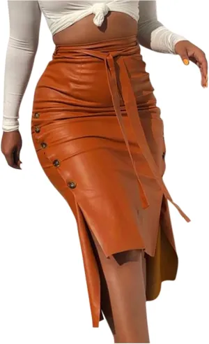 tuduoms Womens Slim Fit Pencil Skirt Sexy Faux Leather Split Midi Skirt Elegant Lady's High Waisted Bodycon Office Skirts Khaki