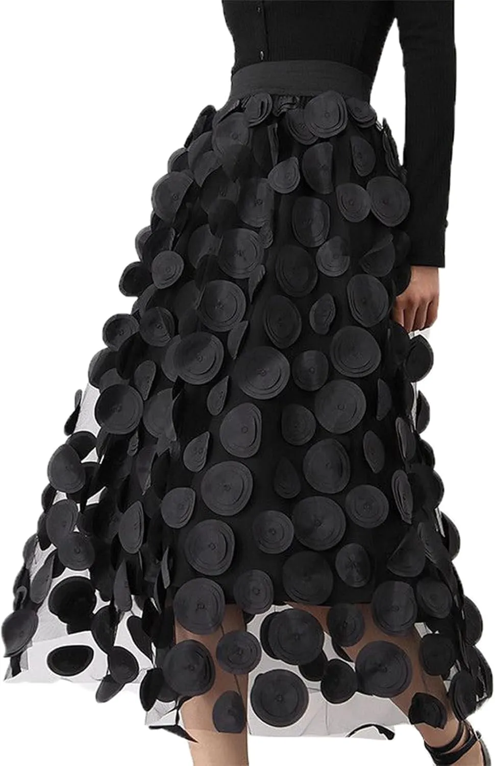 Tulle Midi Skirt Women Elastic Waist 3D Polka Dot Ruffle Skirt Mesh Layered Tutu Long A-Line Party Skirt