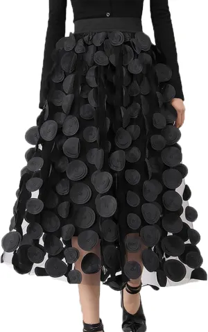 Tulle Midi Skirt Women Elastic Waist 3D Polka Dot Ruffle Skirt Mesh Layered Tutu Long A-Line Party Skirt