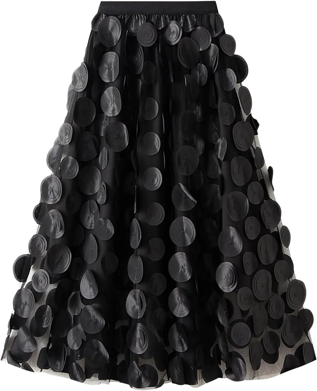 Tulle Midi Skirt Women Elastic Waist 3D Polka Dot Ruffle Skirt Mesh Layered Tutu Long A-Line Party Skirt