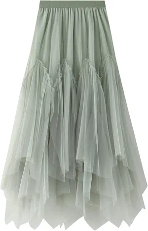 Tulle Skirts for Women 3 Layered Asymmetrical Hem Tulle A-Line Midi Skirt
