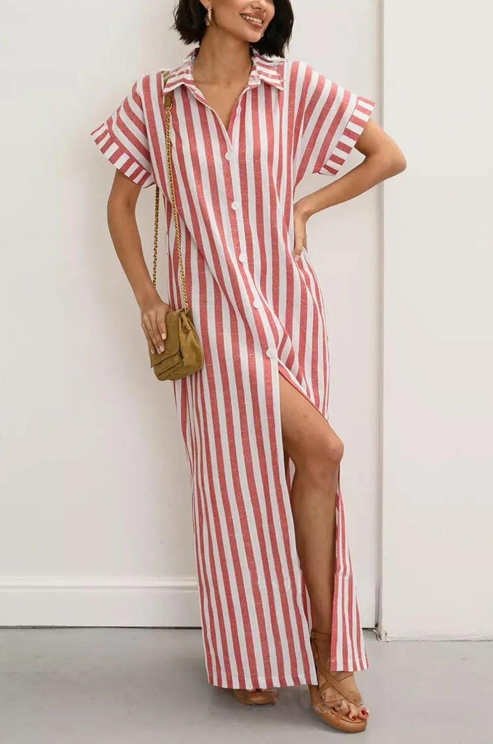 utcoco Women's 2025 Striped Short Sleeve Cotton Maxi Shirt Dress Belted Side Slit Button Down Dress with Pockets