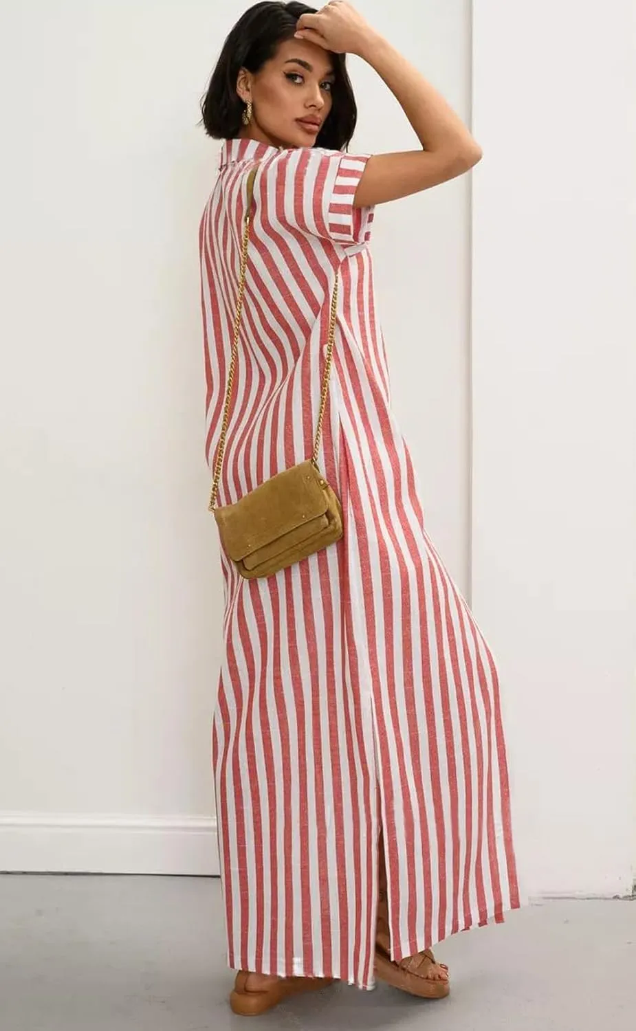 utcoco Women's 2025 Striped Short Sleeve Cotton Maxi Shirt Dress Belted Side Slit Button Down Dress with Pockets