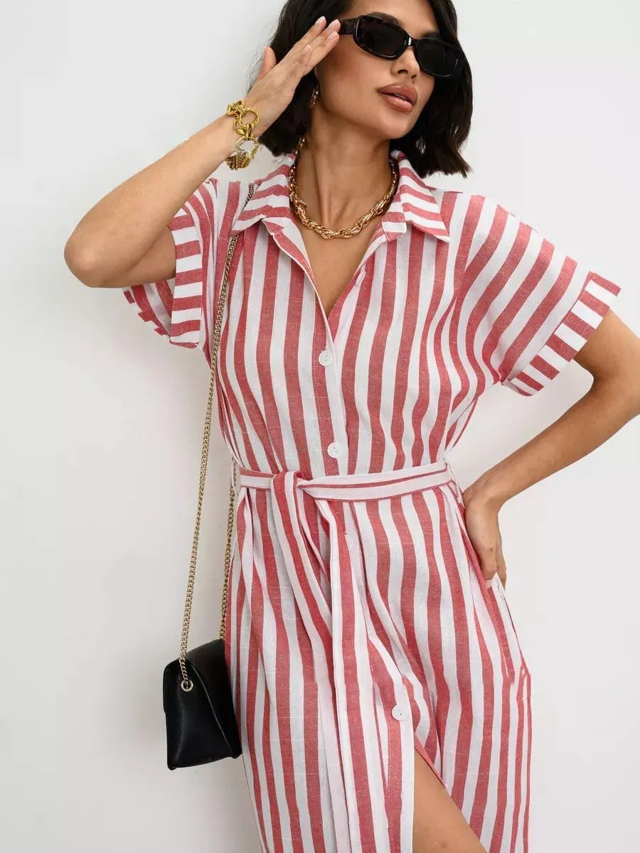 utcoco Women's 2025 Striped Short Sleeve Cotton Maxi Shirt Dress Belted Side Slit Button Down Dress with Pockets