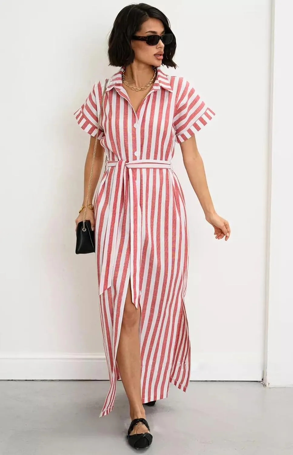 utcoco Women's 2025 Striped Short Sleeve Cotton Maxi Shirt Dress Belted Side Slit Button Down Dress with Pockets