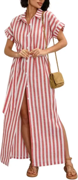 utcoco Women's 2025 Striped Short Sleeve Cotton Maxi Shirt Dress Belted Side Slit Button Down Dress with Pockets