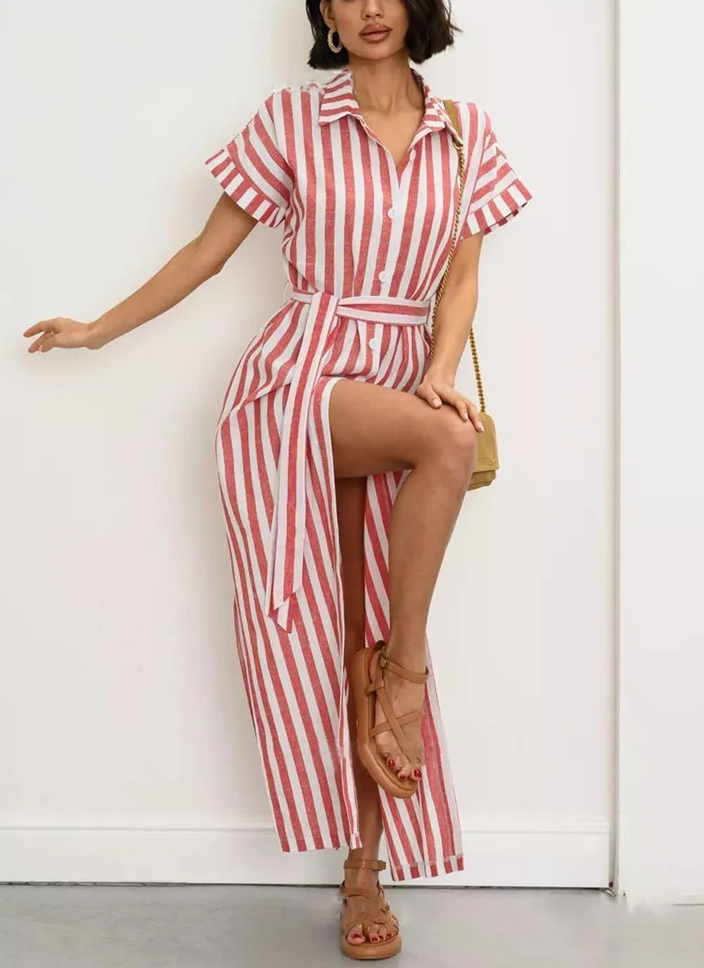 utcoco Women's 2025 Striped Short Sleeve Cotton Maxi Shirt Dress Belted Side Slit Button Down Dress with Pockets