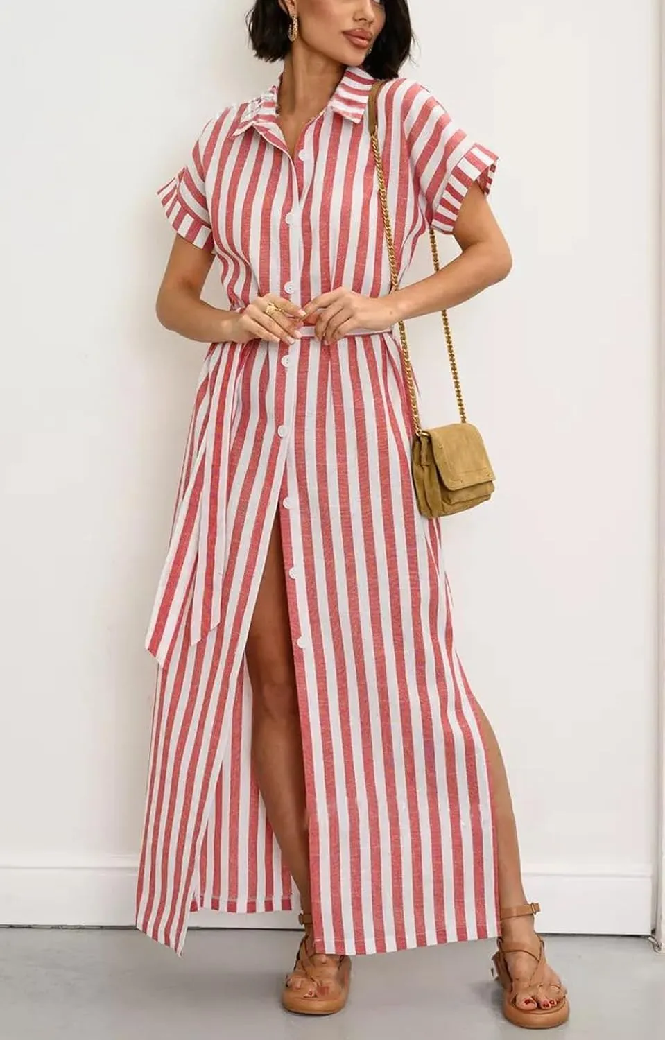 utcoco Women's 2025 Striped Short Sleeve Cotton Maxi Shirt Dress Belted Side Slit Button Down Dress with Pockets