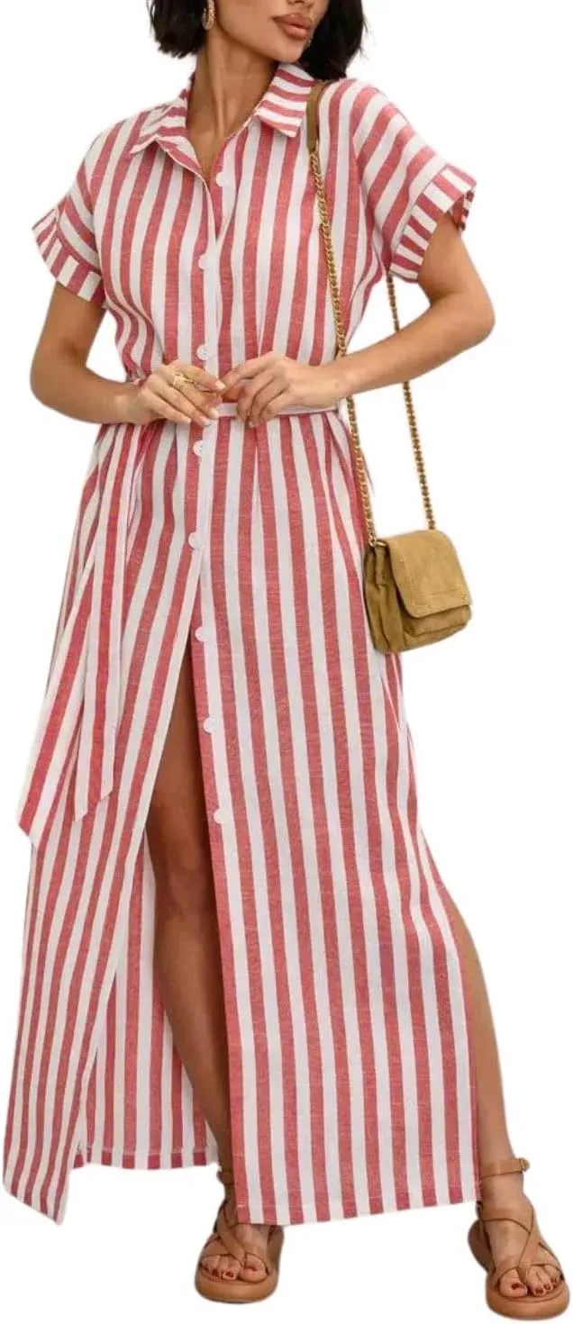 utcoco Women's 2025 Striped Short Sleeve Cotton Maxi Shirt Dress Belted Side Slit Button Down Dress with Pockets