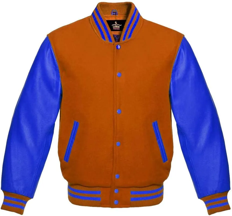 Varsity Jacket Baseball Letterman Bomber School Collage Premium Wool & Royal Blue Genuine leather sleeves