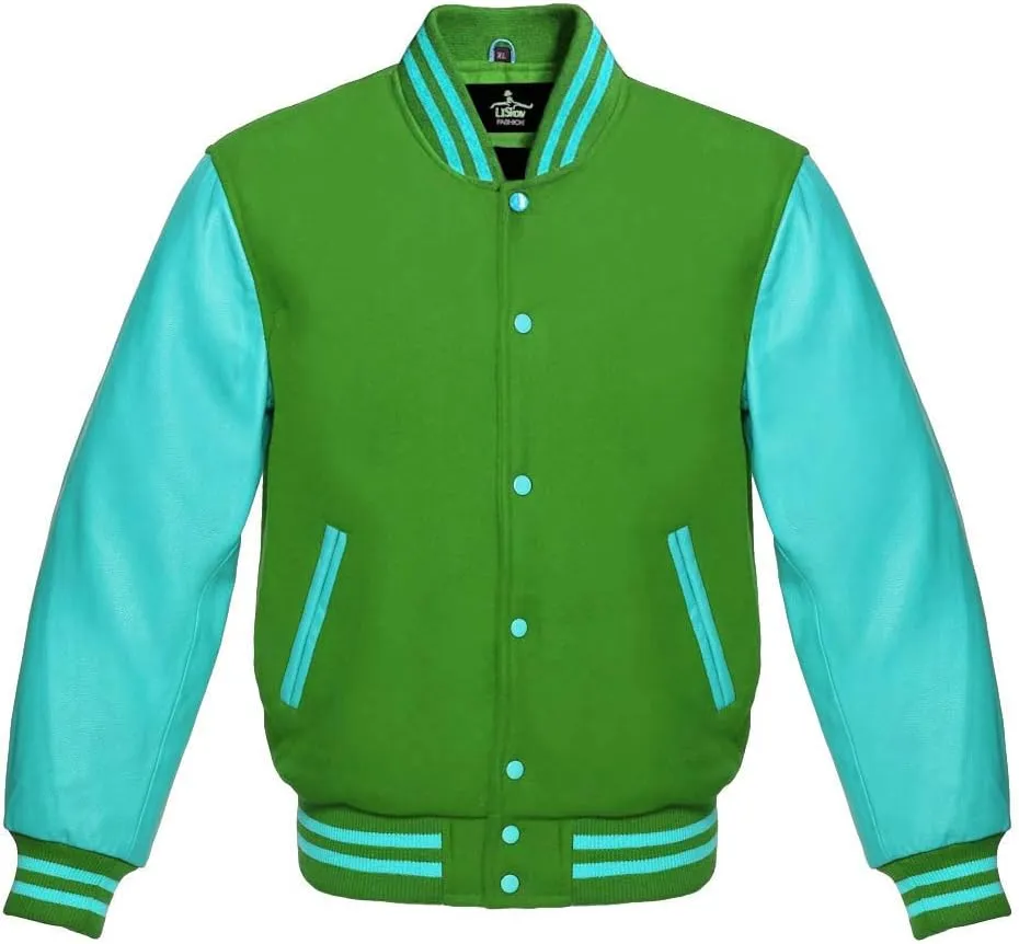 Varsity Jacket Baseball Letterman Bomber School Collage Premium Wool & Tiffany Genuine leather sleeves