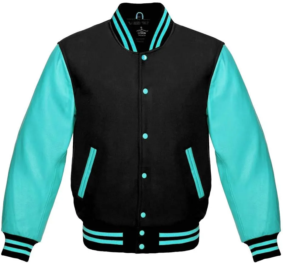 Varsity Jacket Baseball Letterman Bomber School Collage Premium Wool & Tiffany Genuine leather sleeves