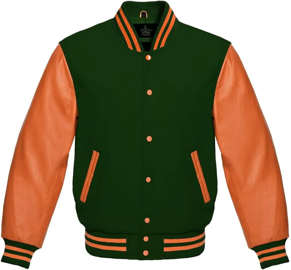 Varsity jacket Baseball Letterman Bomber School Collage Premium Wool and Genuine Orange Leather Sleeves Jacket