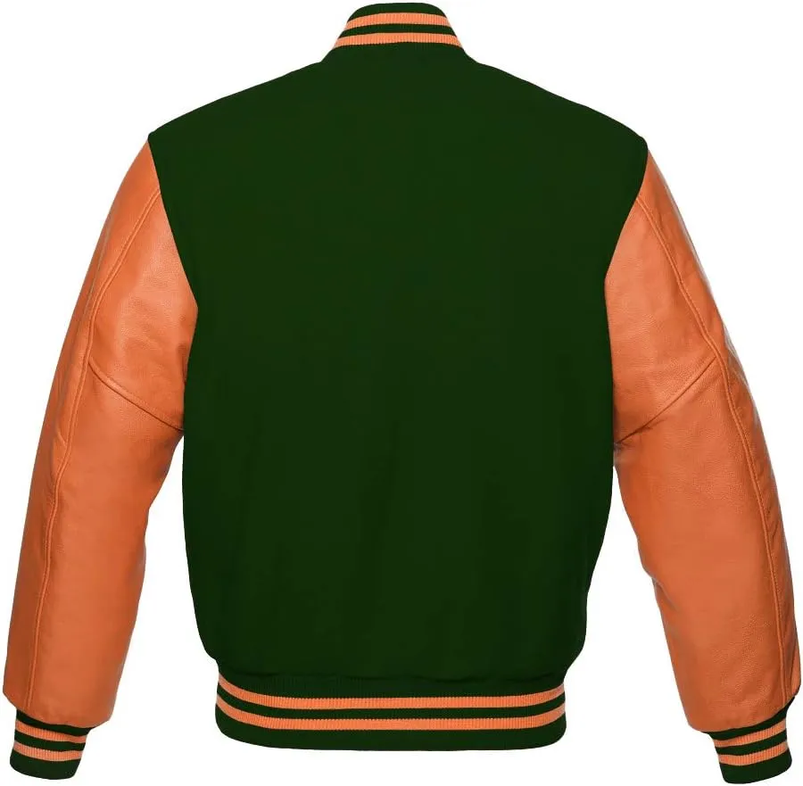 Varsity jacket Baseball Letterman Bomber School Collage Premium Wool and Genuine Orange Leather Sleeves Jacket