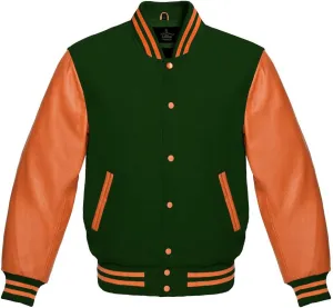 Varsity jacket Baseball Letterman Bomber School Collage Premium Wool and Genuine Orange Leather Sleeves Jacket